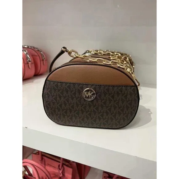 MICHAEL KORS JET SET GLAM Small Front Pocket Oval Crossbody Logo Canvas NWT $398
